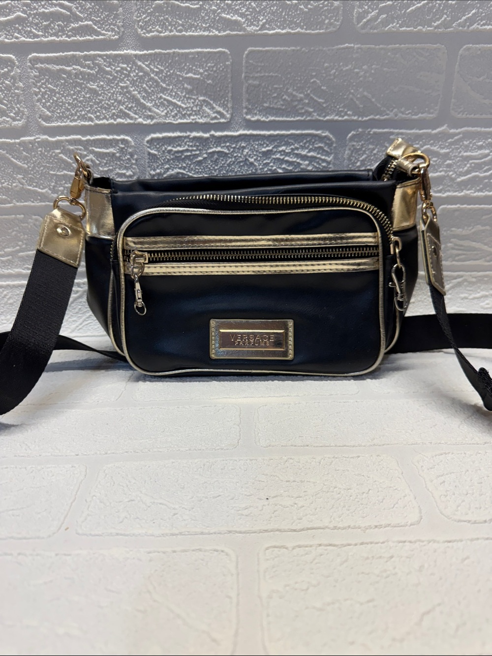 Versace Parfums Black with Gold Trim Crossbody Belt Bag